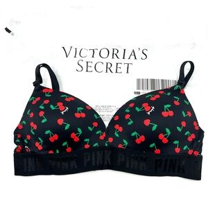 Victoria’s Secret Pink Wear Everywhere Wireless PushUp Cherry Print Black 34B